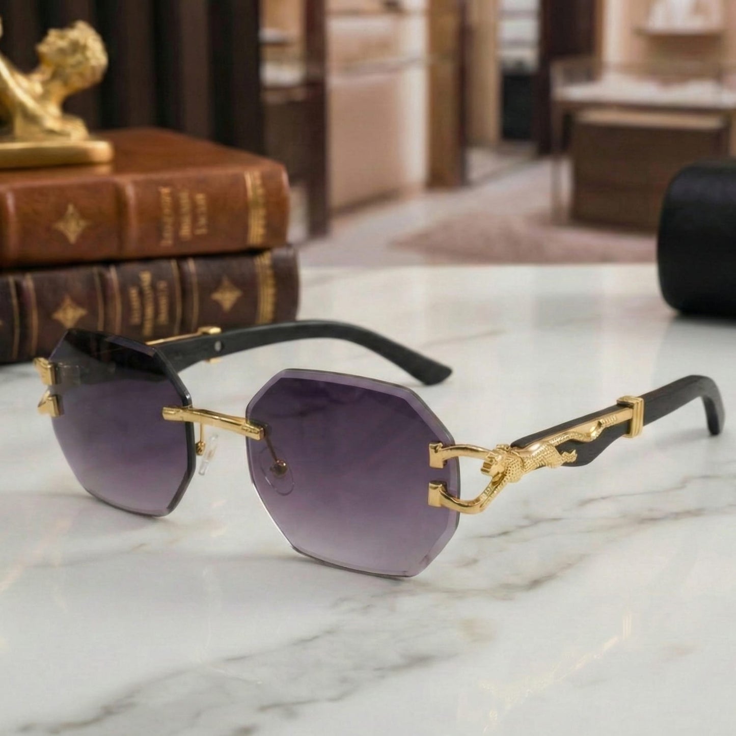 Luxury Rimless Octagon Sunglasses – Panther Edition with Wood Temples